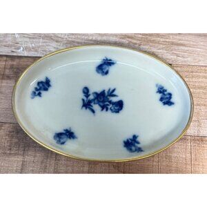 Vintage Swiss Langenthal Oval Porcelain Dish With Blue Floral Design & Gold Rim